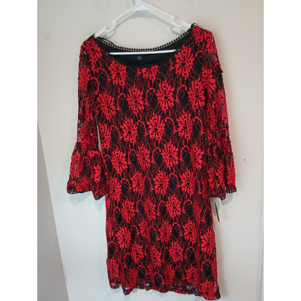 NWT Blooming Rose Red Black Floral Lace Bell Sleeve Mini Dress Medium Boho...